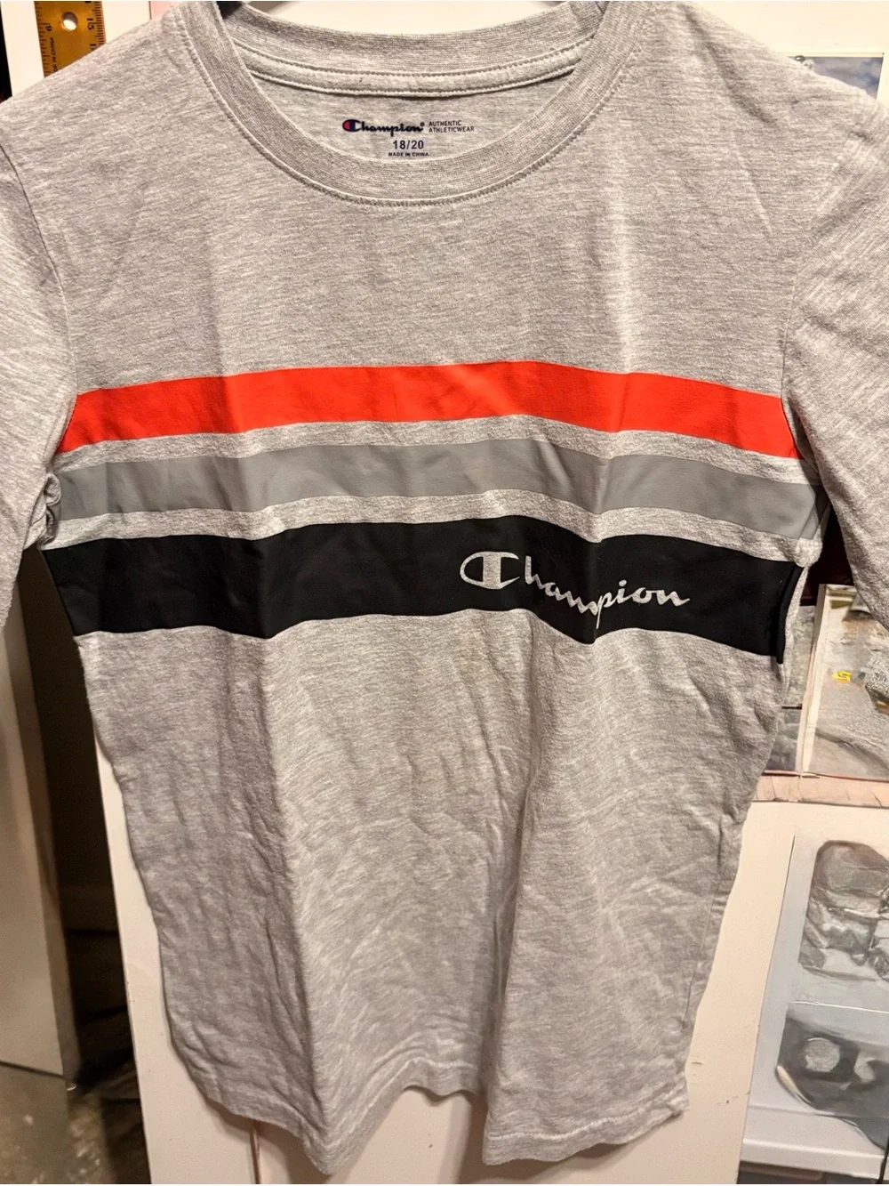 Champion Light Grey Tee with Red, Grey & Black Stripes